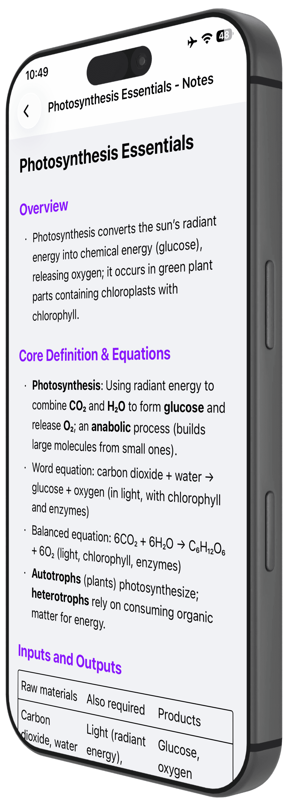 Richard app showing a Photosynthesis study note